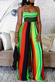 Rainbow Color Sexy Striped Split Joint Halter Loose Jumpsuits