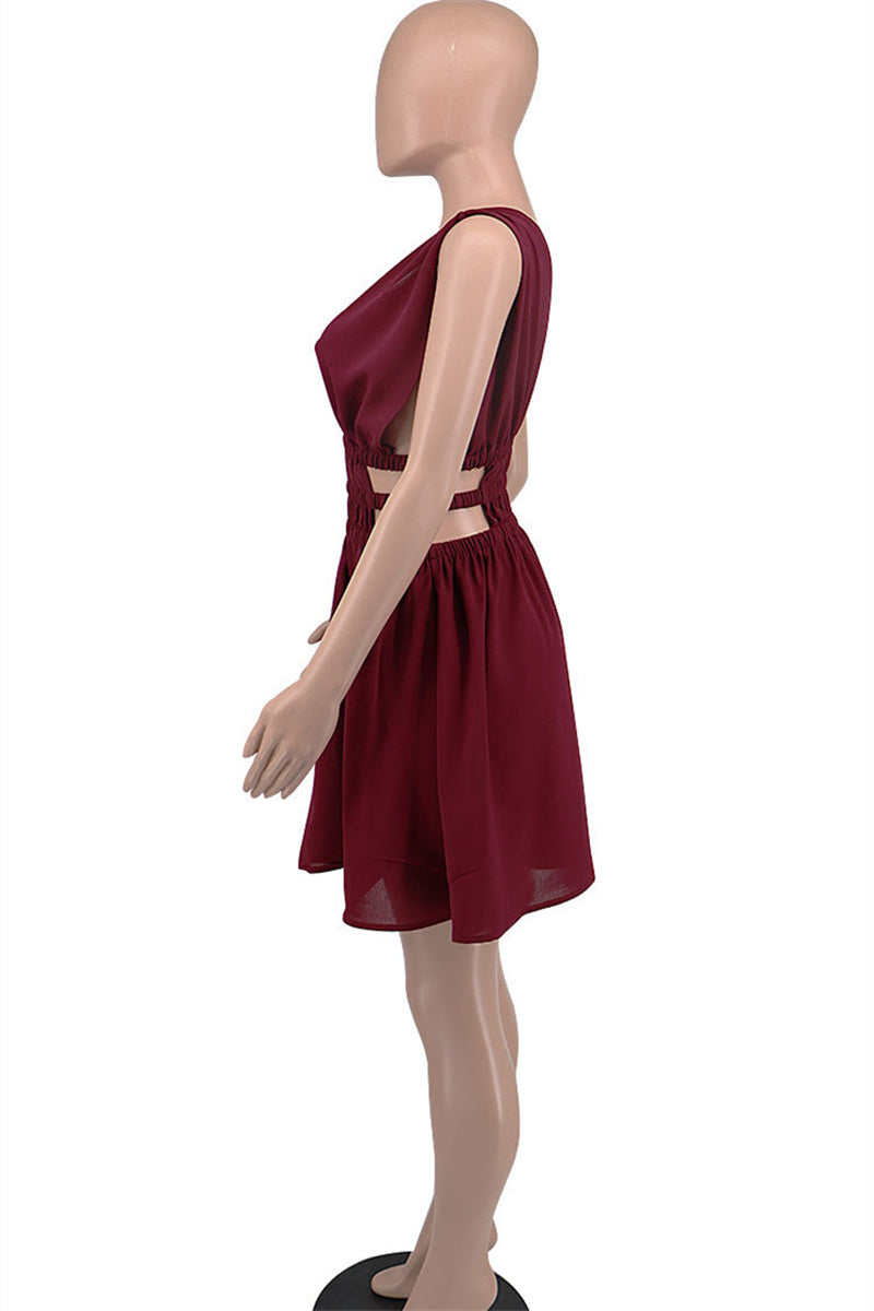 Burgundy Sexy Casual Solid Hollowed Out Backless V Neck Sleeveless Dress
