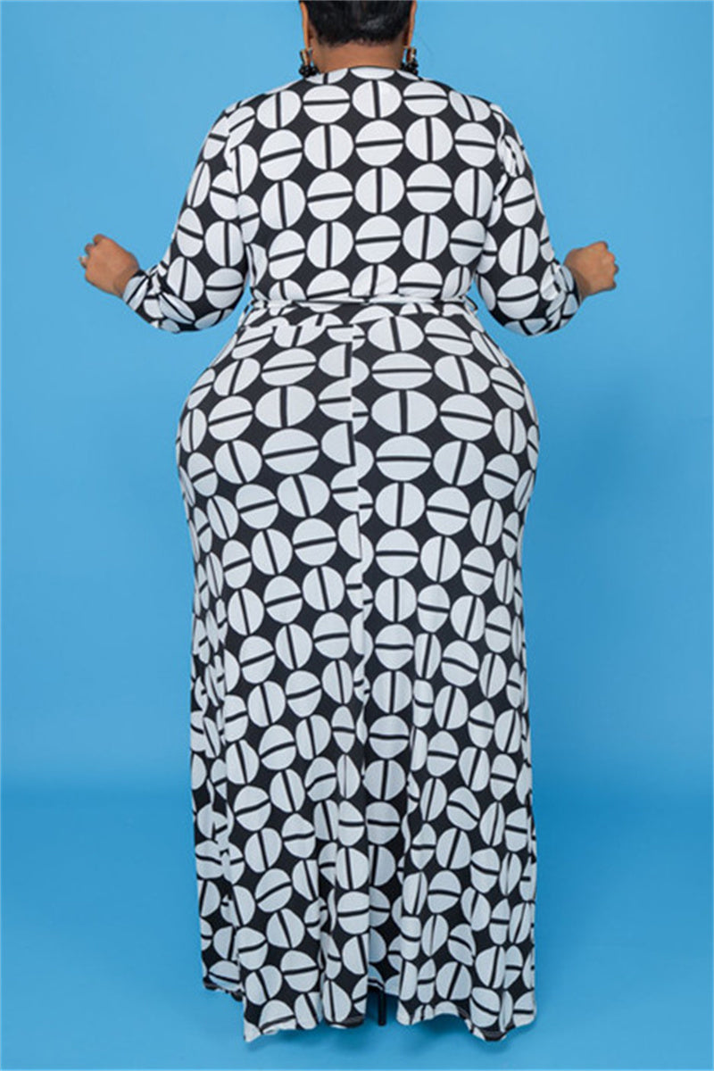 Black And White Fashion Casual Plus Size Print With Belt V Neck Long Sleeve Dresses