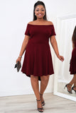 Wine Solid Color Off Shoulder Plus Size Mini Dress