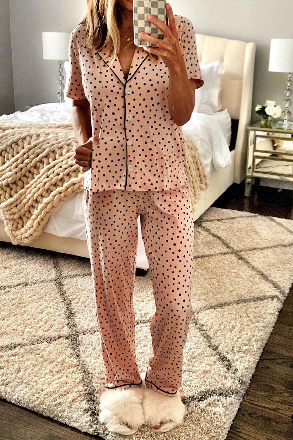 Dotted Print Notched Collar Pajamas Set