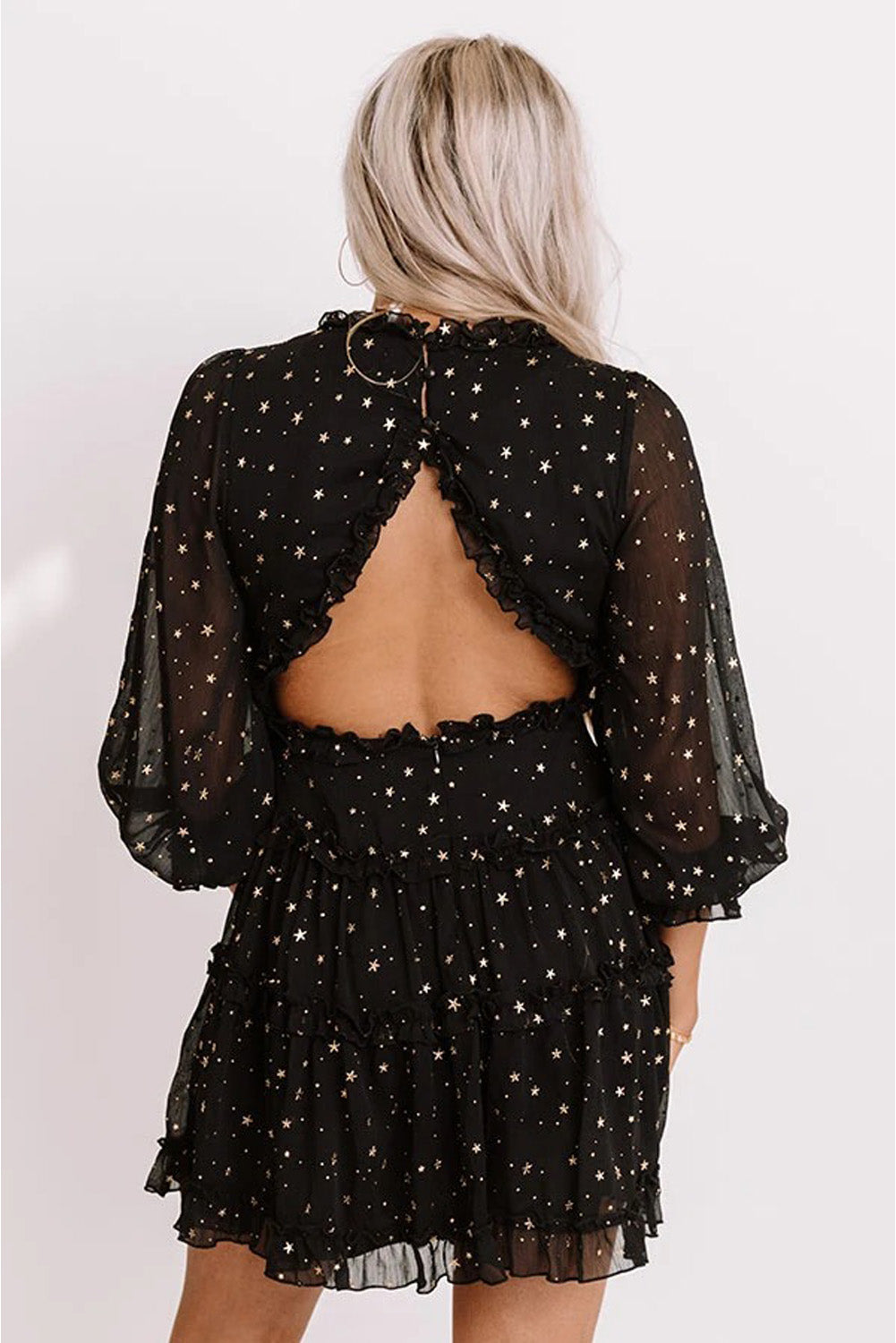 Glitter Stars V Neck Backless Ruffle Mini Dress