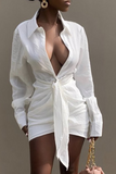 White Sexy Casual Solid Split Joint Turndown Collar Shirt Dress Dresses