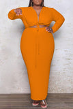 Orange Fashion Casual Plus Size Solid Bandage Hollowed Out V Neck Long Sleeve Dresses