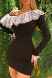 Black Sexy Solid Lace One Shoulder Pencil Skirt Dresses