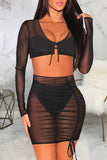Black Sexy Solid Split Joint Draw String Fold U Neck Long Sleeve Two Pieces