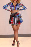 Multicolor Casual Plaid Print Split Joint Zipper Collar Long Sleeve Two Pieces
