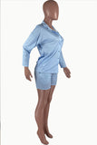 Deep Blue Sexy Solid Split Joint Turndown Collar Three Quarter Two Pieces