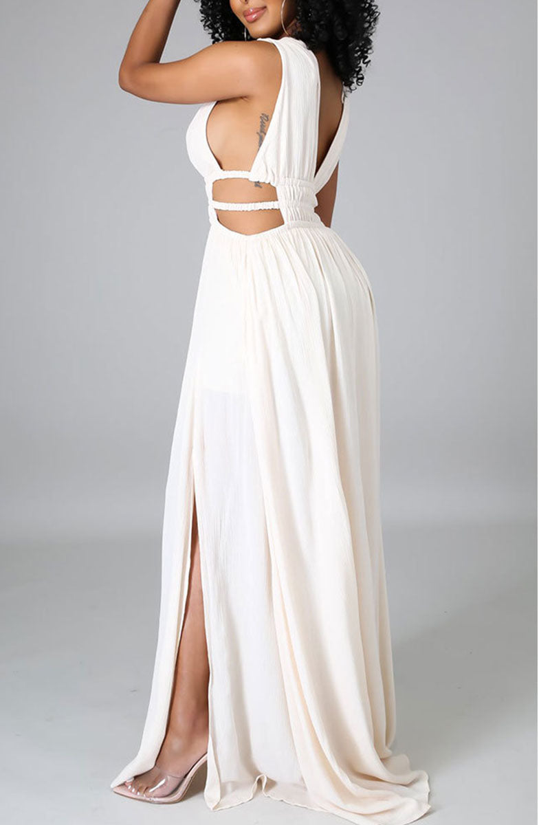 Cream White Elegant Solid Hollowed Out Split Joint V Neck Straight Dresses