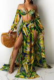 Colour Sexy Print Split Joint Strapless Long Sleeve Two Pieces
