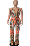 Fluorescent Yellow Casual Print Split Joint Spaghetti Strap Plus Size Jumpsuits(Without Belt)