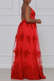 Red Fashion Sexy Plus Size Solid Embroidered Backless Spaghetti Strap Long Dress