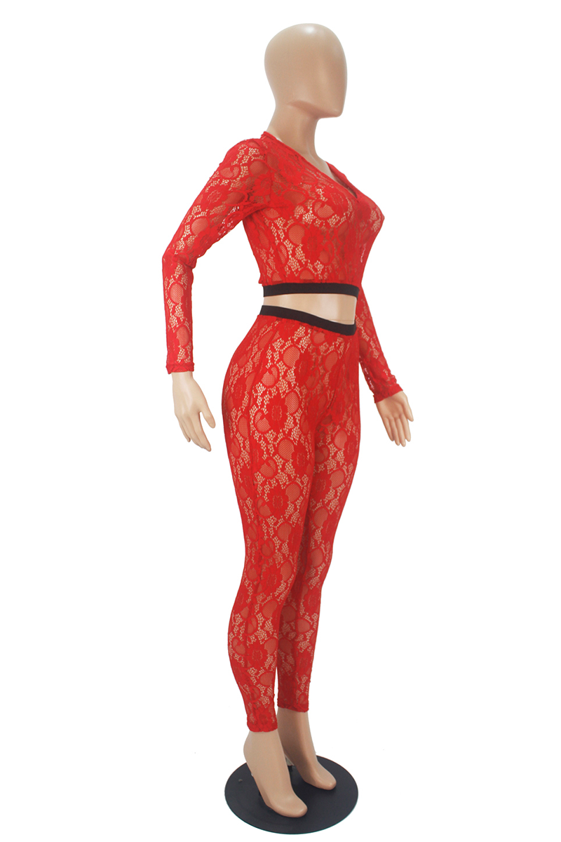 Red Sexy Patchwork Lace V Neck Long Sleeve Two Pieces