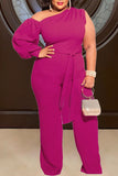 Rose Red Sexy Solid Split Joint Oblique Collar Plus Size Jumpsuits