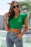 ruffled surplice cropped knit top