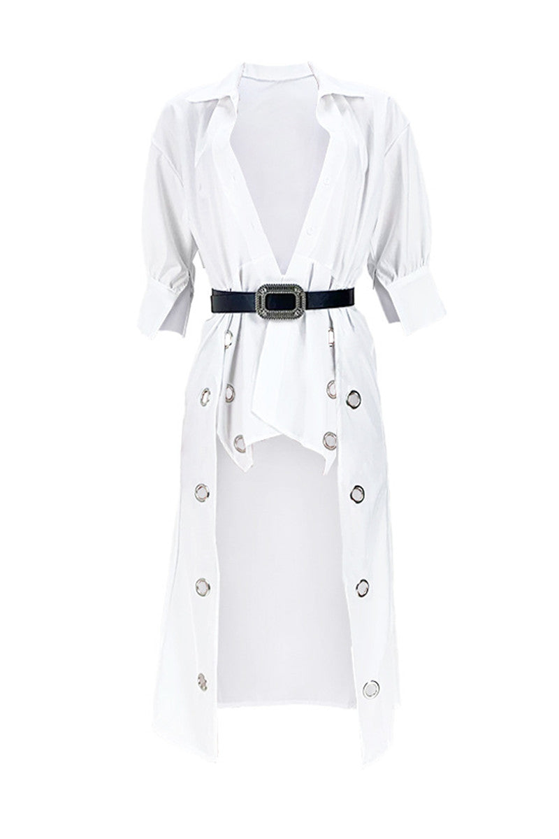 White Fashion Casual Solid Asymmetrical Turndown Collar Tops (Without Belt)