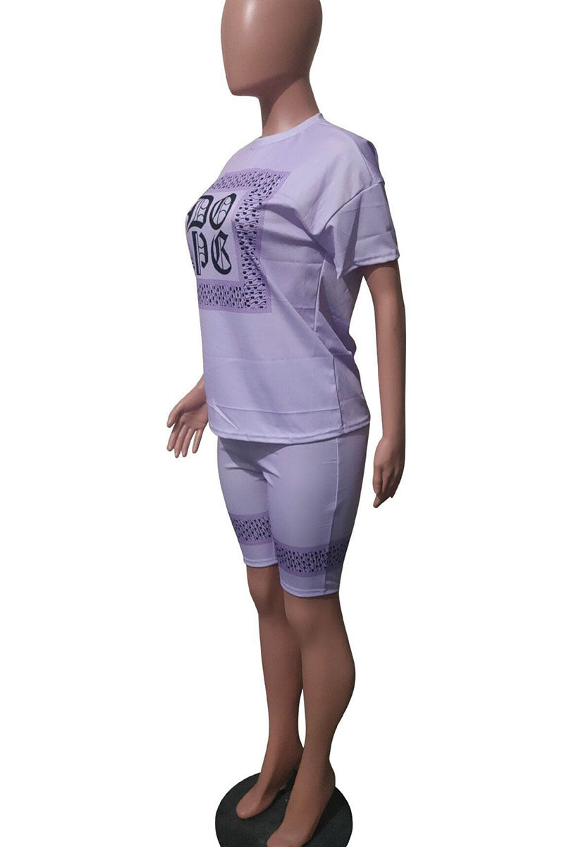 Light Purple Casual Print Split Joint O Neck Short Sleeve Two Pieces