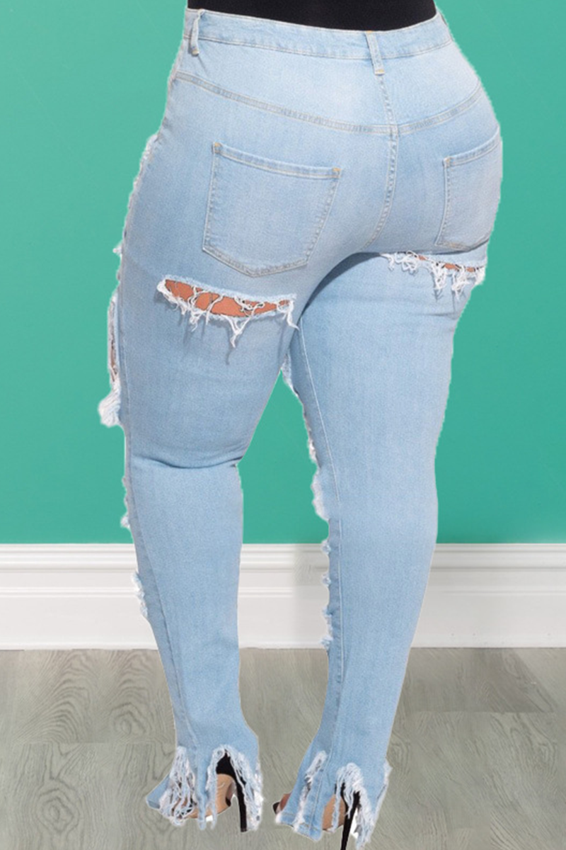 Blue Sexy Solid Ripped Plus Size Jeans