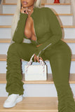 Army Green Casual Solid Split Joint Fold Zipper Turtleneck Long Sleeve Two Pieces
