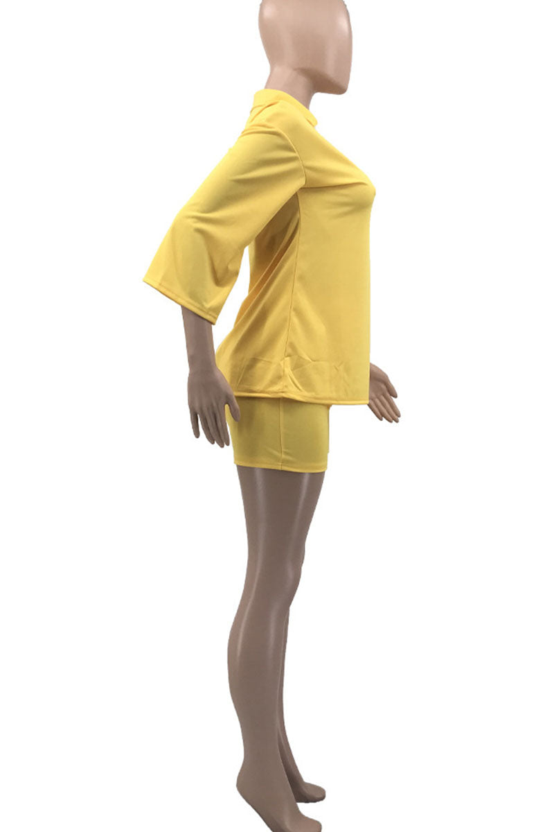 Yellow Casual Solid Split Joint Turtleneck Three Quarter Two Pieces
