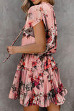 Floral Print Split Neck Flutter Sleeve Flowy Tunic Mini Dress
