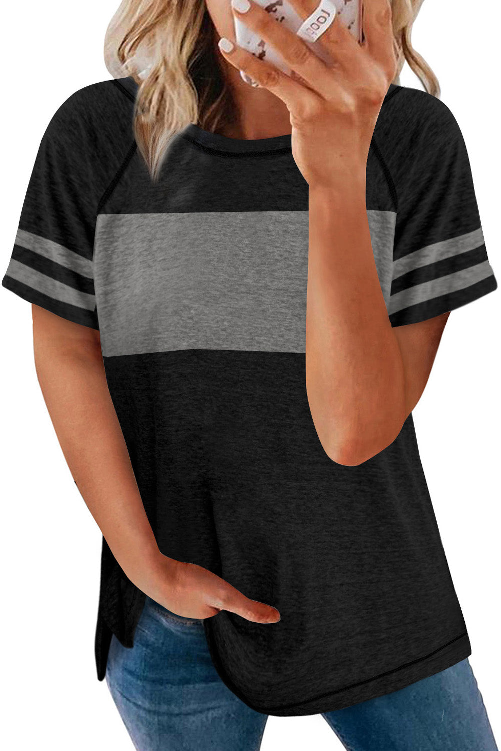 Stripe Sleeve Colorblock T-shirt
