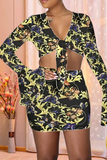 Dark Blue Sexy Print Split Joint V Neck Long Sleeve Two Pieces