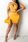Yellow Sexy Print Hollowed Out Split Joint Backless Halter Pencil Skirt Dresses