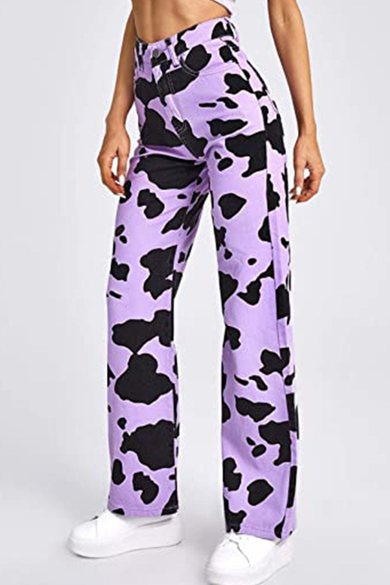 Purple Casual Print Split Joint High Waist Straight Denim Jeans