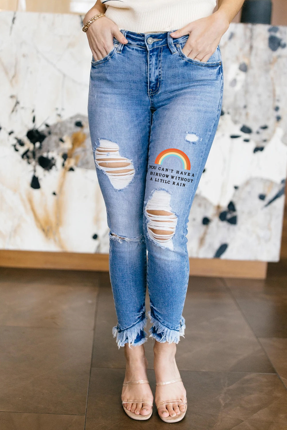 Mid Rise Letters Rainbow Graphic Ripped Jeans