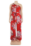 Red Fashion Casual Print Backless One Shoulder Regular Jumpsuits