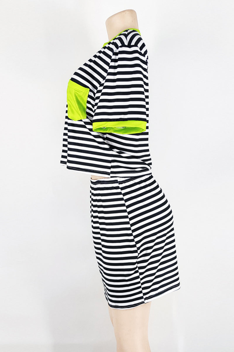 Stripe Fashion Casual Striped Print Split Joint O Neck Plus Size Two Pieces
