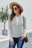 Lace Striped Splicing Hollow-out Button Long Sleeves Top