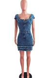 The cowboy blue Street Solid Tassel Split Joint Buckle Square Collar A Line Dresses
