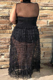 Black Sexy Solid Split Joint See-through Turtleneck Mesh Dress Plus Size Two Pieces