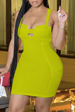 Yellow Sexy Solid Hollowed Out Spaghetti Strap Pencil Skirt Dresses