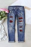 Buffalo Plaid Patches Distressed Straight Jeans