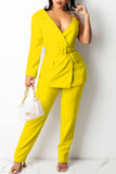 Yellow Work Solid Split Joint With Belt V Neck Long Sleeve Two Pieces