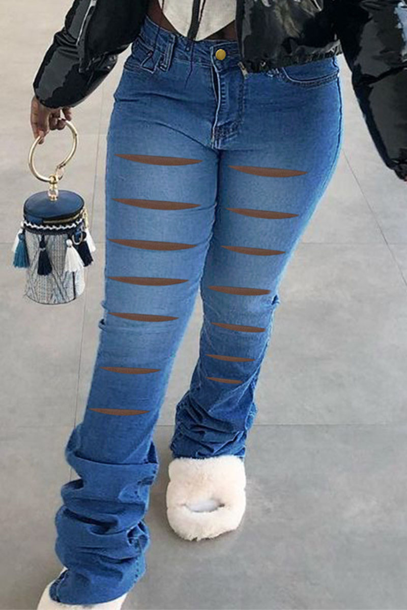 Medium Blue Street Solid Ripped Split Joint High Waist Boot Cut Denim Jeans