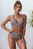 Khaki Halter V Neck Leopard High Waist Bikini