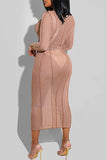 Beige Sexy Solid Split Joint See-through O Neck Pencil Skirt Dresses
