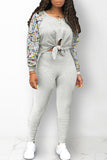Light Gray Street Print Bandage Hollowed Out Split Joint O Neck Long Sleeve Two Pieces