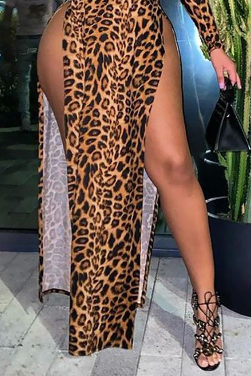 Leopard Print Sexy Leopard High Opening One Shoulder Irregular Dress Dresses