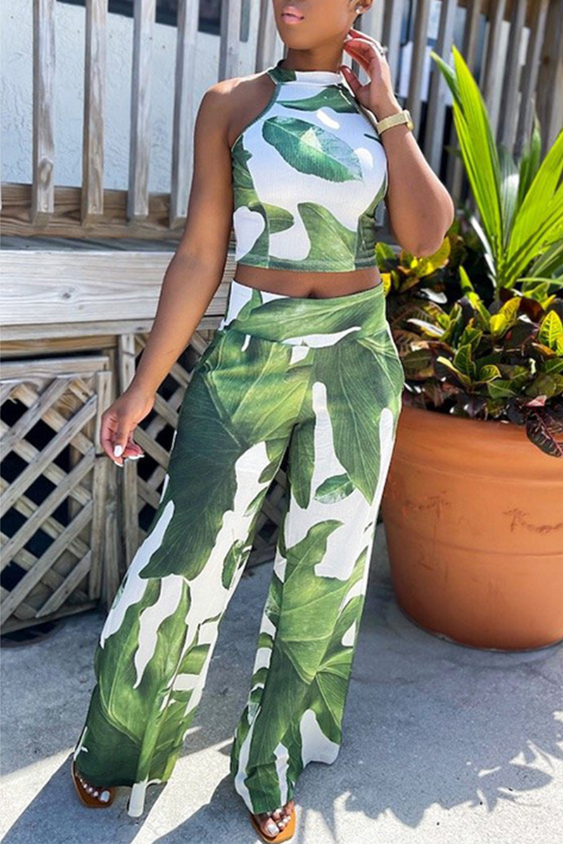 Green Sexy Print Split Joint Half A Turtleneck Sleeveless Two Pieces