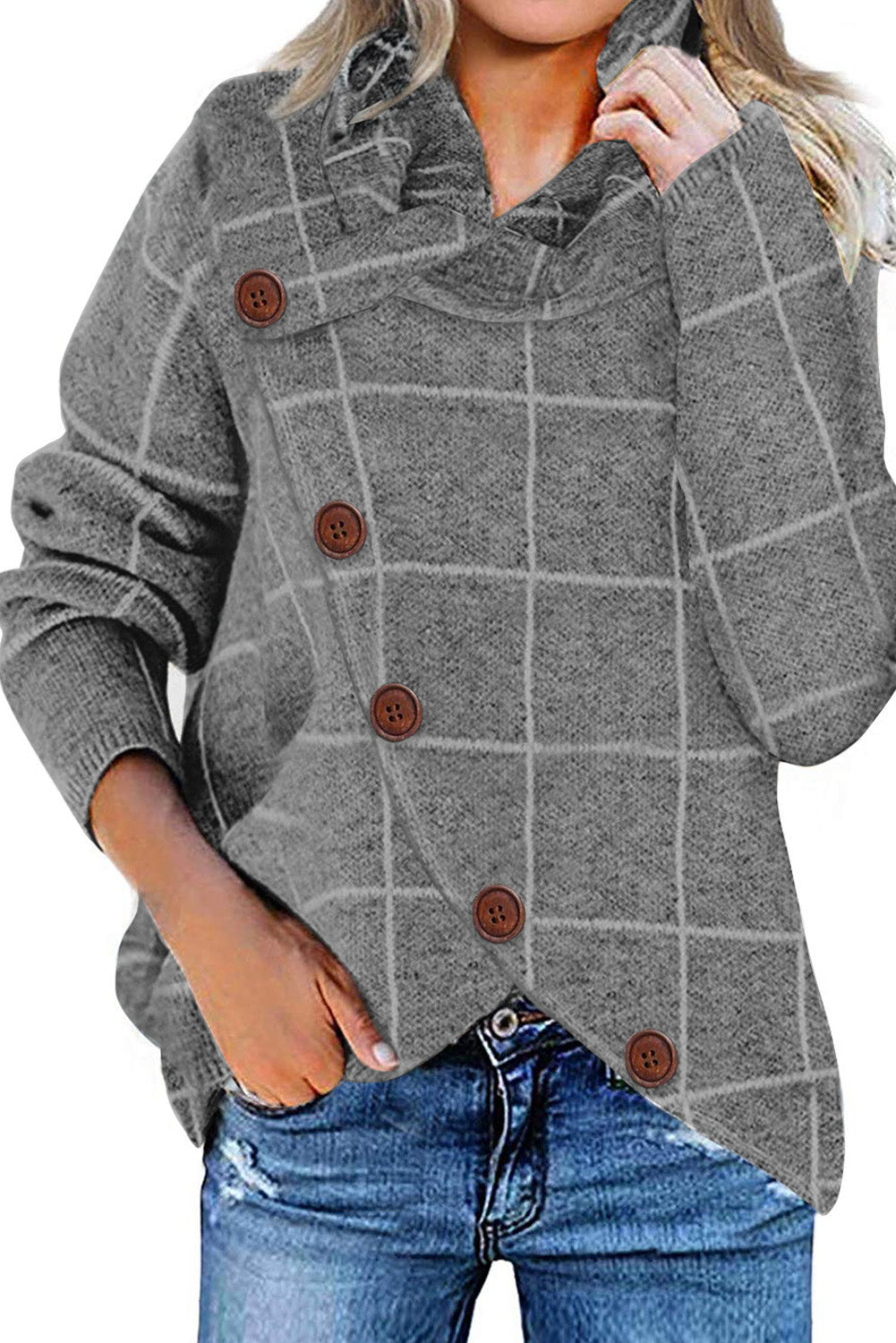 Button Wrap Turtleneck Pullover Plaid Print Knit Sweater