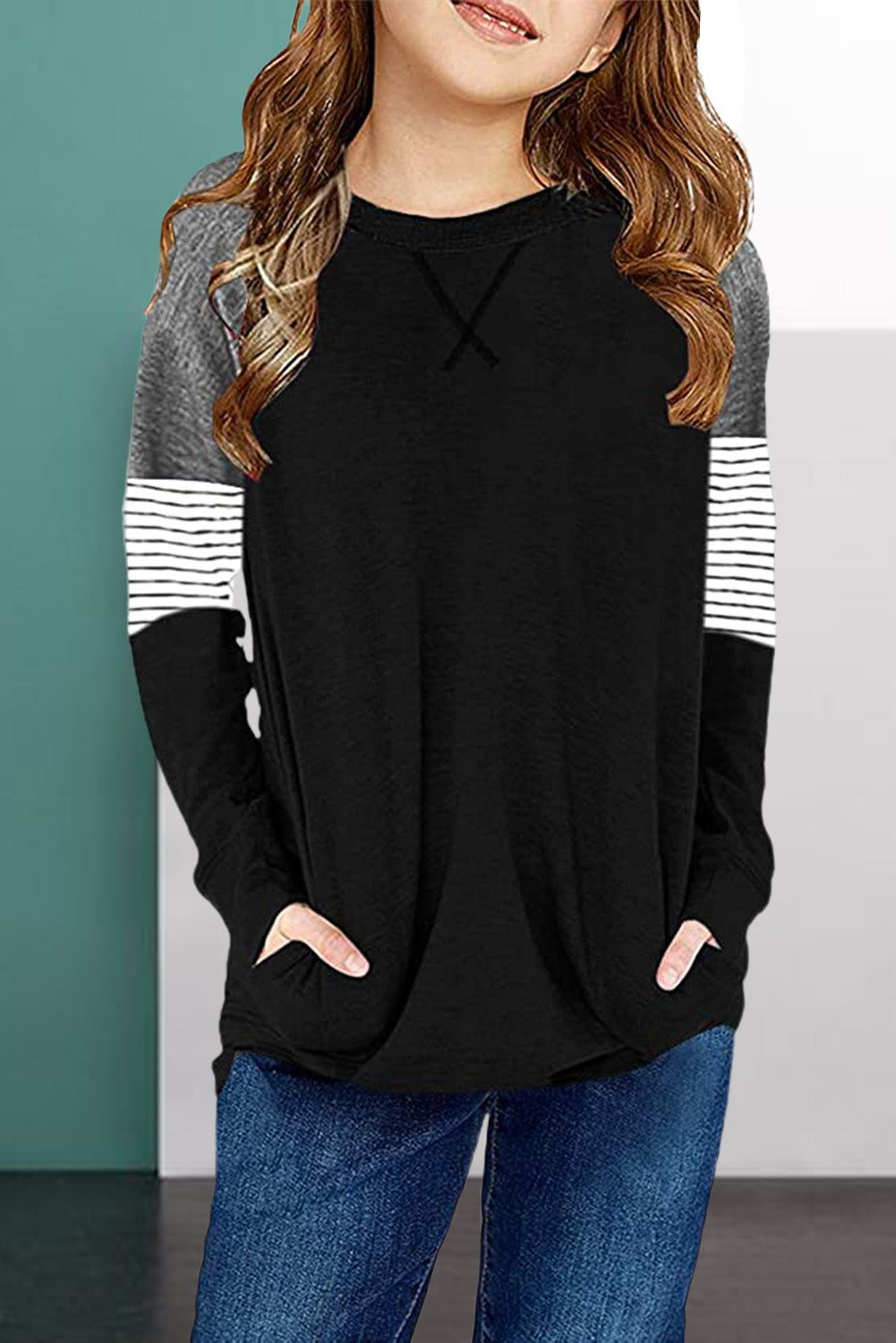 Striped Colorblock Long Sleeve Girls Blouse with Pocket
