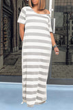 Light Gray Fashion Casual Striped Print Slit Hooded Collar Short Sleeve Dress Dresses