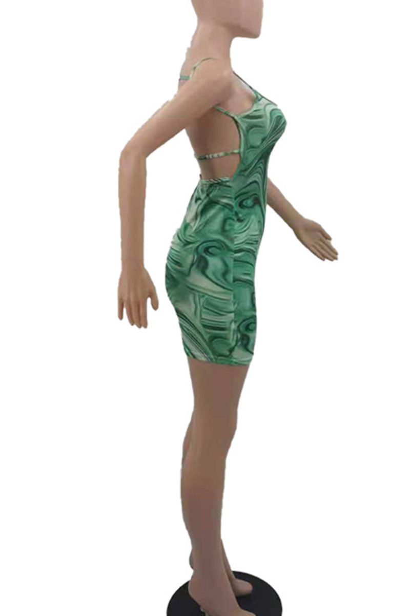 Green Sexy Print Split Joint Backless Spaghetti Strap Pencil Skirt Dresses