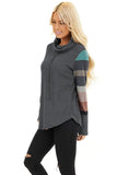 Cowl Neck Knit Top With Multi Color Striped Sleeves