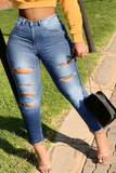 Medium Blue Casual Solid Ripped Mid Waist Skinny Denim Jeans